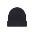A dark grey knit beanie with a folded cuff, featuring a logo.