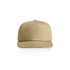 A beige cap with a flat brim and a logo on the front, designed for casual headwear.