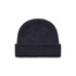 A navy knitted beanie with a fold-up cuff, featuring a branding logo.