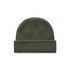 A green knitted beanie with a fold-up brim, featuring a logo on the side.