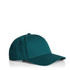 A teal cap with a structured design and a slightly curved brim, featuring a logo on the front.