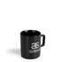 A black coffee mug featuring a handle and a logo on the side.