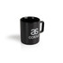 A black coffee mug featuring a handle and a logo, designed for drinkware use.