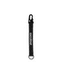 A black keychain with a clip and loop design, featuring a branding logo.