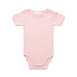 A pink organic infant one-piece with short sleeves and snap closures at the shoulder and bottom.