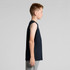 A side view of a young boy wearing a black singlet tank top with grey pants. The tank top features a logo.