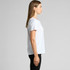 A white T-shirt with short sleeves, featuring a simple design and a logo, displayed on a model from the side.