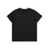 A black t-shirt with a standard crew neck and short sleeves, featuring a logo on the label.