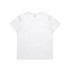 A white T-shirt featuring a plain design, with a logo on the back and short sleeves.