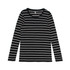 A long-sleeve tee in black and white stripes with a round neckline and a logo.