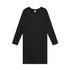 A long-sleeved dress in black, featuring a simple, straight design and a label at the neckline.