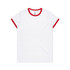 A white T-shirt featuring a red ringer collar and sleeves, with a logo on the tag inside.
