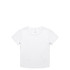 A white organic rib baby tee with a rounded neckline and short sleeves, featuring a small logo.