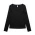 A long-sleeve, scoop neck t-shirt in black, featuring a simple design and a tag at the neck.