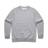 A grey crew jumper with ribbed cuffs and hem, featuring a simple design and a logo on the tag.