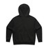 A black hoodie with a hood, featuring a simple design and an unadorned back view.