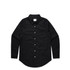A black button-up shirt featuring a front pocket and a collared neckline. It has a subtle logo on the label.