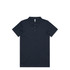 A navy polo shirt with a classic collar and three-button placket, featuring a logo.