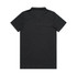 A black polo shirt featuring a collar and short sleeves, with a small logo on the upper side.