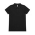 A black polo shirt with a collar and three buttons, featuring a logo on the chest.