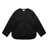 A black quilted jacket featuring a button-up front and side pockets, with a rounded hemline.