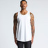 A man wearing a white sleeveless singlet, featuring tattoos on his arms, standing against a light background.