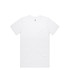 A white organic t-shirt displayed flat, featuring a round neckline and short sleeves. The shirt has a branded label.
