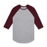 A grey and burgundy raglan tee with three-quarter sleeves, featuring a logo on the label.