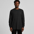 A long-sleeve black T-shirt displayed on a model, featuring a simple design and a logo.