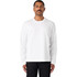 A white long-sleeve T-shirt with a round neckline, modelled by a man. It features a logo on the chest.