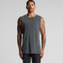 A sleeveless, stone wash tank in dark grey worn by a model. The tank features a logo.