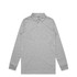 A long-sleeved grey polo shirt with a collar and three-button placket, featuring a logo.