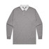 A grey rugby jersey with long sleeves and a white collar, featuring a logo on the chest.