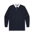 A navy rugby jersey with a white collar and long sleeves, featuring a logo on the chest.