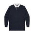 A navy rugby jersey with a white collar and long sleeves, featuring a logo on the chest.