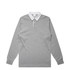 A long-sleeve grey rugby jersey with a white collar and a logo on the chest area.