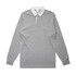 A grey long-sleeve rugby jersey with a white collar and a logo.