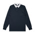 A long-sleeved rugby jersey in navy blue with a white collar and a small placket, featuring a logo.