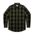 A button-up check shirt featuring a black and olive green plaid pattern, with a collar and two chest pockets.