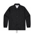 A black coach jacket with a collared neck, snap buttons, and elasticised cuffs. It features a logo on the front.