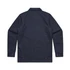 A navy work jacket with a collar, long sleeves, and buttoned cuffs, featuring a logo on the back.