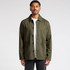 An olive green chore jacket with multiple pockets, featuring a collared neckline and button-up front. It has a logo.
