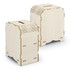 A wooden money box model in a light colour with a slot for coins. Features intricate cut-out details on the top.