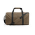 A duffle bag in brown with dual handles and an adjustable shoulder strap. It features a logo on the side.