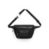 A black recycled pocket waist bag with a front zip pocket and adjustable strap. Contains a logo.