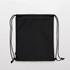 A black drawstring bag made from recycled materials, featuring a simple design and a logo.