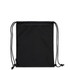 A black drawstring bag made from recycled materials, featuring a logo and adjustable cords.