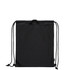 A black drawstring gear bag with two drawstrings and a small loop at the top, featuring a logo.