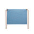 A denim half apron in a light blue colour with brown straps and a front pocket.