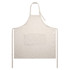 A beige linen apron featuring a front pocket and ties for securing. Includes a logo on the side.